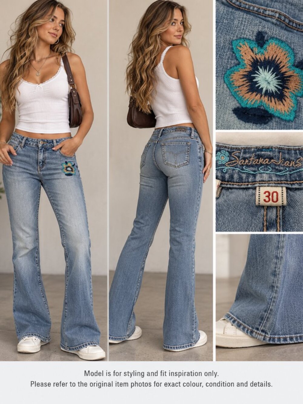 725 - Santana Jeans Y2K Size 30 Embroidered Floral Bootcut Flare Jeans